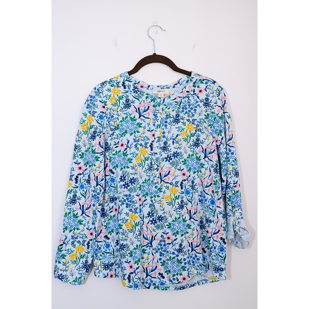 Style & Co Top Floral M longsleeve spring roll tab sleeve Cottage